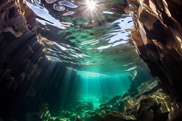 Caverna marinha iluminada pelo sol com água cristalina