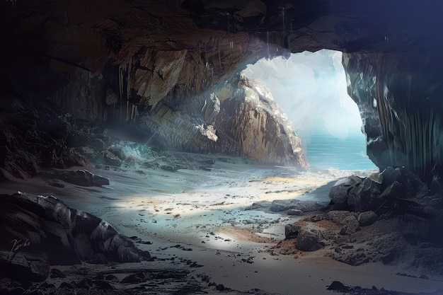Caverna misteriosa con una brillante luz solar que brilla a través de la entrada