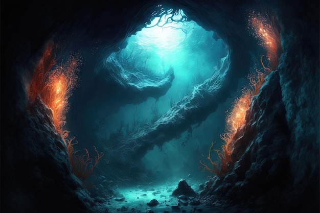 Caverna subaquática no mundo subaquático de fantasia Ilustração digital AI