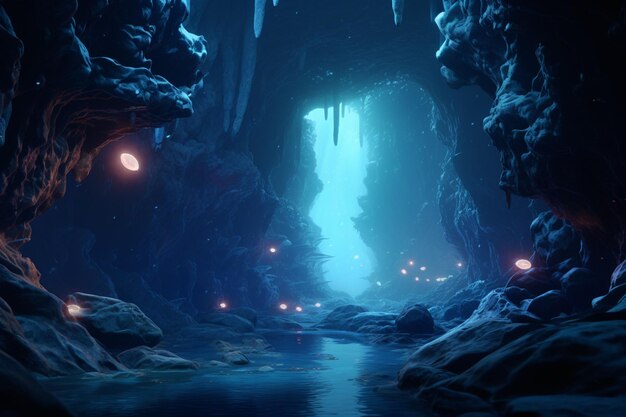 Caverna submarina surrealista con bioluminescencia generativa ai