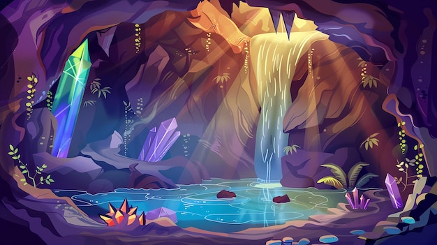 Caverna subterrânea com cachoeira de rio ou lago ilustração de desenho animado