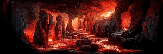 Foto caverna subterrânea de lava derretida. arte digital. caverna profunda. ilustração 3d