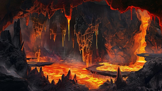 Una caverna subterránea con ríos de lava derretida y plataformas que sirven como la guarida de Generative Ai