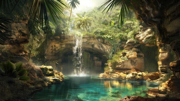 Foto caverna tropical com piscina de água paisagem exótica de verão