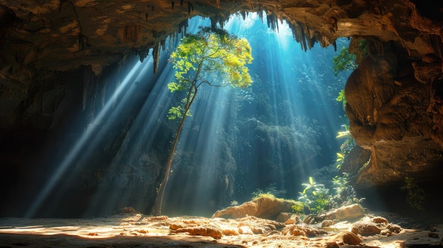 Foto caverna verde escuro com luz brilhante da saída na selva dentro da caverna de montanha selvagem conceito de natureza luz solar abertura de entrada da paisagem