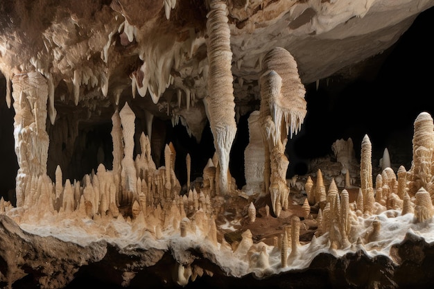 Cavernas com estalactites e estalagmites em vários estágios de formação criadas com ai generativo