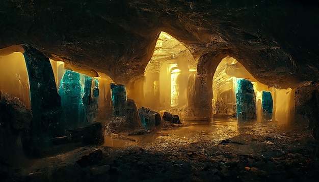 Cavernas de fantasia subterrâneas de gelo abstratas Raios de luz em uma caverna de gelo escura Frescura de gelo frio Gelo de néon azul com ilustração 3D molhada