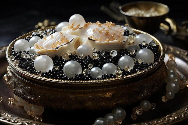 Caviar em close-up com pérolas