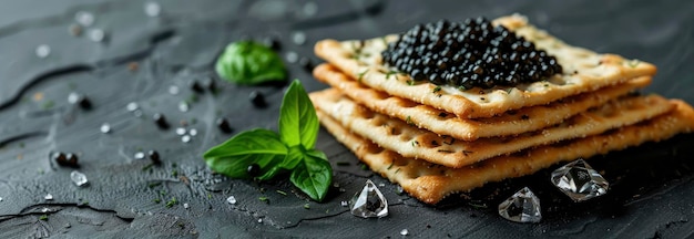 Caviar negro en una galleta con hierbas y diamantes en el fondo oscuro