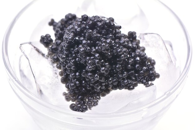 Caviar negro en hielo aislado en blanco