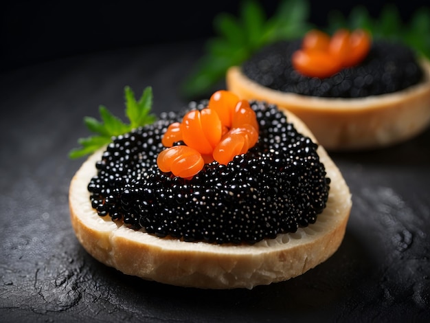 Foto caviar preto caviar vermelho e truta canapes prato gourmet delicadeza