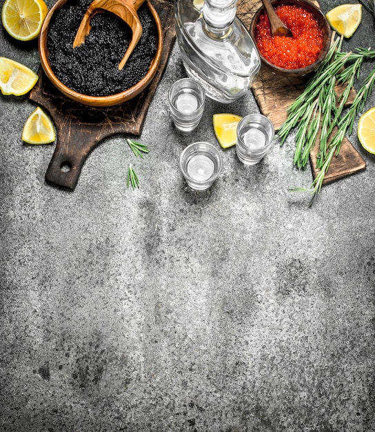 Caviar preto e vermelho com uma garrafa de vodka.