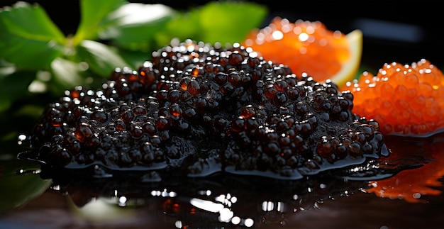 Caviar preto, frutos do mar frescos, imagem gerada pela IA