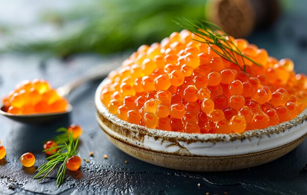 Caviar rojo en un cuenco con cuchara La foto muestra caviar en el plato blanco en la mesa