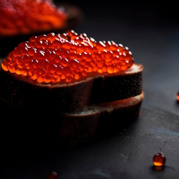 Caviar rojo en un fondo oscuro sándwiches con caviar