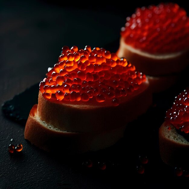 Caviar rojo en un fondo oscuro sándwiches con caviar