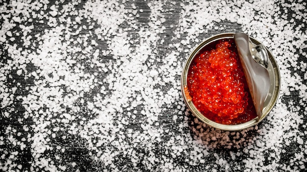 Caviar rojo en lata de metal con sal