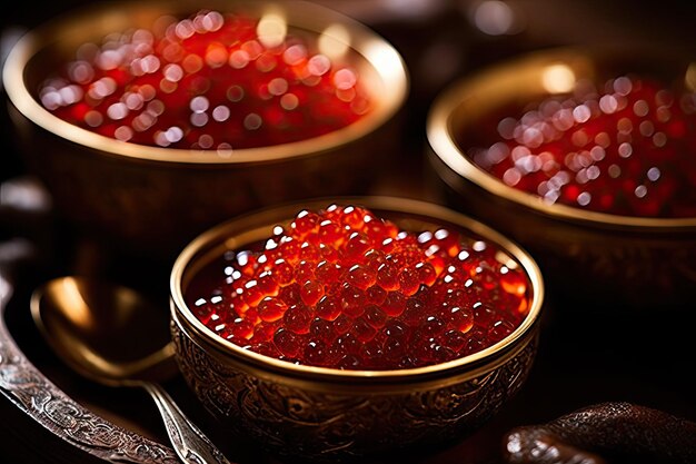 Foto caviar rojo platos de madera con caviar