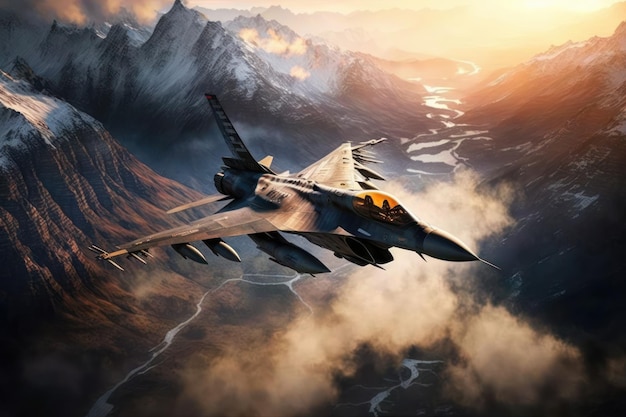 Caza F16 sobrevolando los cielos de una zona de guerra con una puesta de sol de fondo Concepto de avión de combate