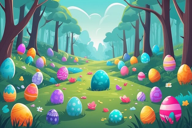 Caza de huevos de Pascua Ilustración de dibujos animados de vacaciones IA generativa