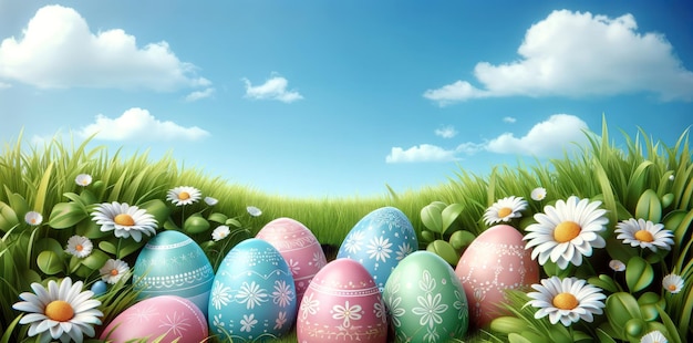Caza de huevos de Pascua de primavera huevos de colores en la hierba exuberante bajo el fondo del cielo despejado