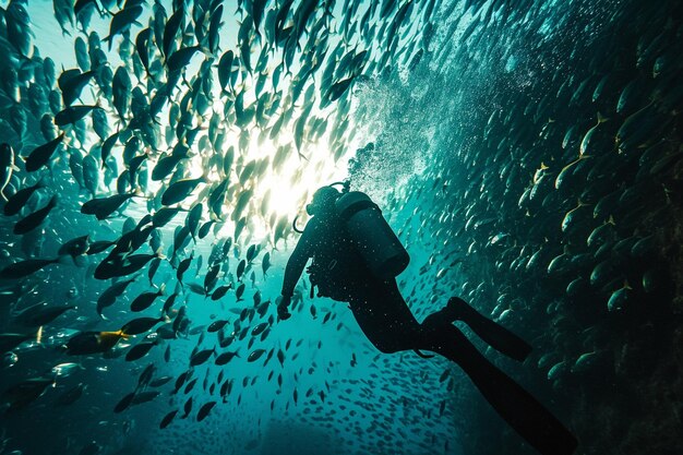 Caza de peces bajo el agua iluminado