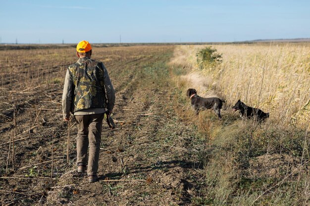 Cazador de hombres maduros con pistola mientras camina en el campo con sus perros