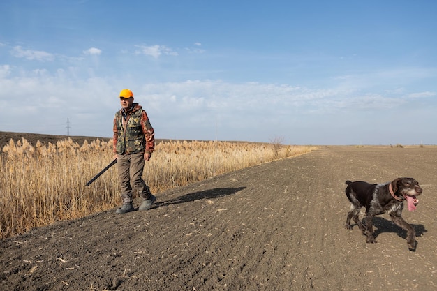 Cazador de hombres maduros con pistola mientras camina en el campo con sus perros