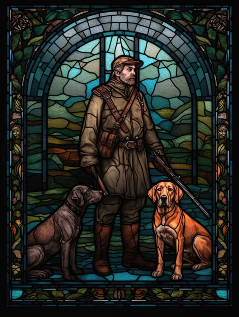 cazador con perros vidriera ilustración de fantasía retro mosaico fotorrealista