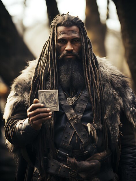Un cazador tribal medieval sosteniendo una tarjeta de presentación comercial con un diseño creativo de sesión de fotos