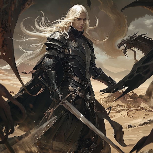 cazador de vampiros d en un estilo de anime caballero de fantasía oscuro y elfo piel blanca con cabello blanco largo un