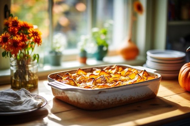 Cazuela de batata en una fuente para hornear en la ventana de la cocina Plato festivo de invierno servido para la cena familiar del Día de Acción de Gracias Puré de batata Concepto de comida de otoño de batata al horno