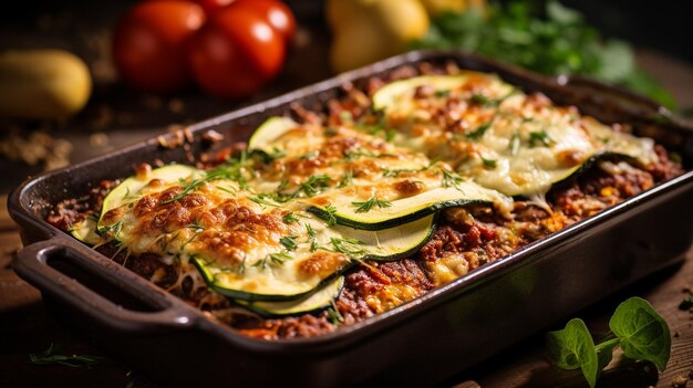 Foto cazuela de queso con carne picada y hierbas