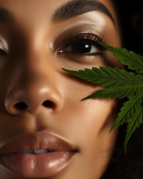 CBD-Kosmetik-Konzept Schöne afroamerikanische Frau mit einem Cannabisblatt in Nahaufnahme