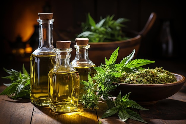 CBD-Ölflaschen und Cannabispflanze auf Holzhintergrund