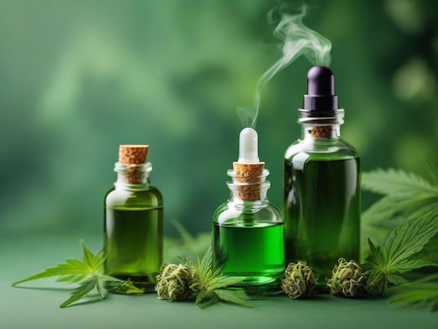 CBD-Produkte Cannabisblatt-Aromatherapie Kräuterölflaschen Aroma mit Blumen auf Naturgrün