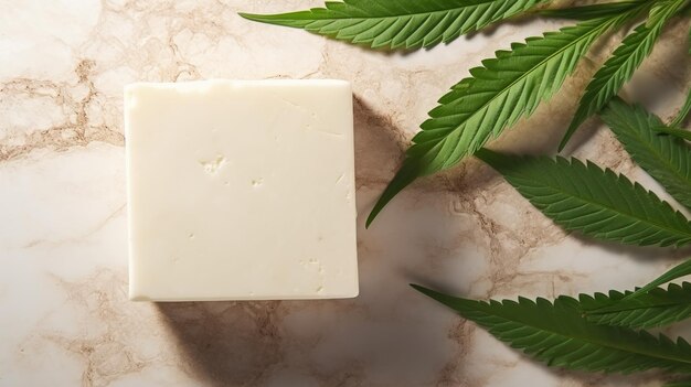 CBD-Seife mit leerem Etikett neben Cannabisblättern auf einem Marmortisch Organische Hautpflege Umweltschutz Mockup-Bild