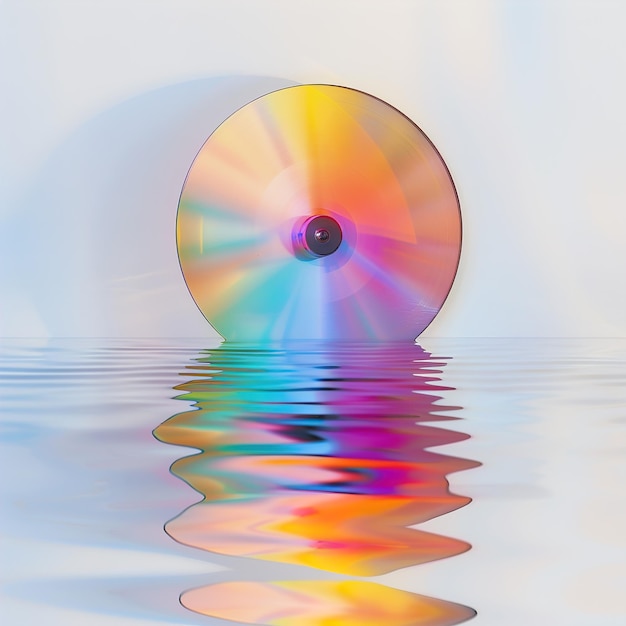 un cd está acostado en el agua con el sol reflejándose en el agua