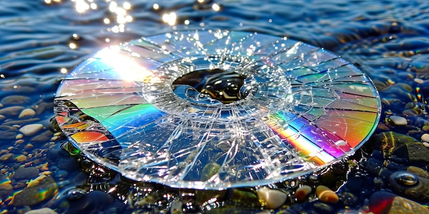 Un CD roto yace entre guijarros en la orilla su superficie refleja la luz del sol en un espectro de colores contra el agua