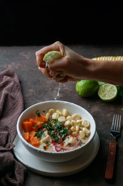 Cebiche, Ceviche, Lateinamerika-Mahlzeit, mit von Hand gepressten Limettensaft, peruanisch mariniertem Fisch