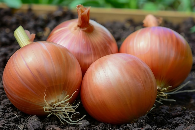 Cebolas amarelas frescas orgânicas em solo fértil em ambiente de jardim Vegetais naturais Agricultura