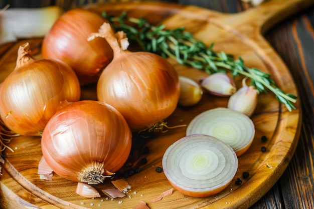 Cebolas amarelas orgânicas frescas com tomilho em tábua de corte de madeira em uma cozinha rústica