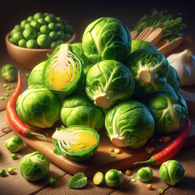 Cebolas de Bruxelas orgânicas frescas Vegetais Ilustração quadrada fotorrealista Dieta vegetariana saudável