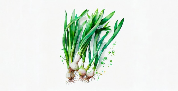 Cebolas verdes. Aquarela em fundo de papel branco. Ilustração de legumes e verduras