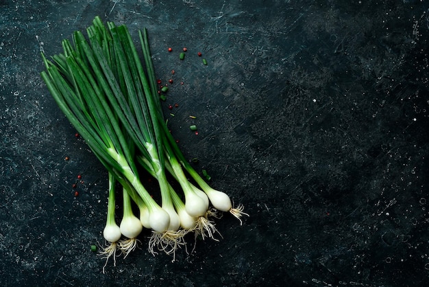 Cebolas verdes frescas em um fundo de pedra preta Comida saudável Vista superior