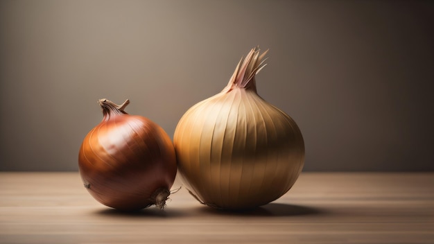 Cebolla y cebolla en una mesa de madera