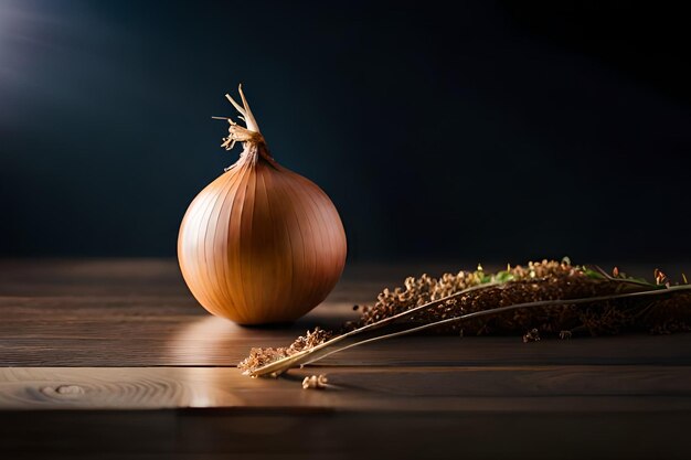 Una cebolla marrón se sienta sobre una mesa de madera con un montón de semillas en primer plano.