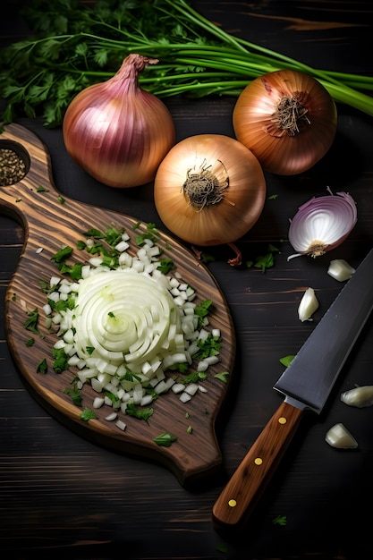 La cebolla picada y el cuchillo en la mesa