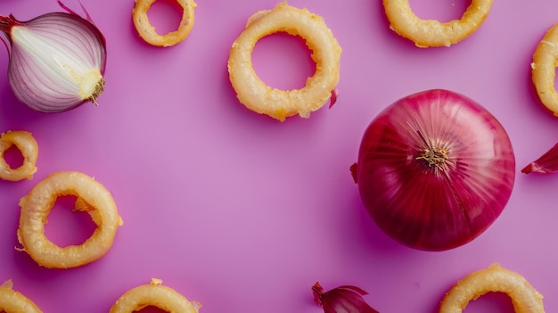 Una cebolla roja crujiente rodeada de algunos anillos de cebolla