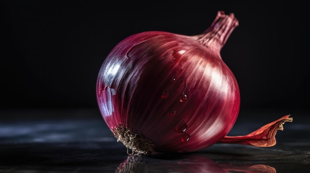 Una cebolla roja con gotas de agua